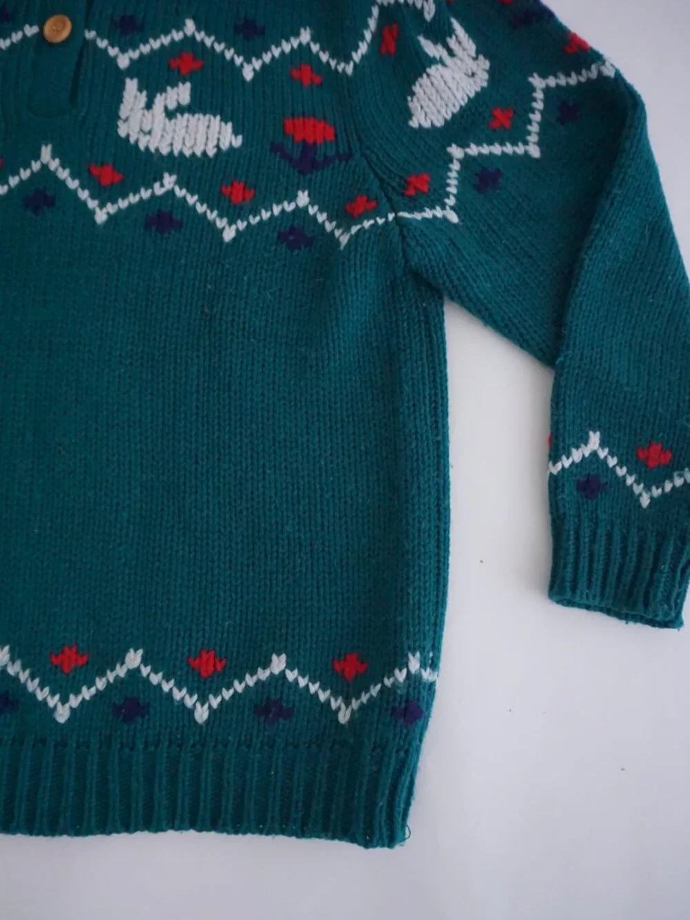 Vintage Bryn Connelly Green Bunny 15% Wool Fair Isle Knit Collared Sweater L - Picture 5 of 10